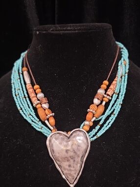 Handcrafted Turquoise Colored Beaded Heart Pendant Necklace - Women Jewelry